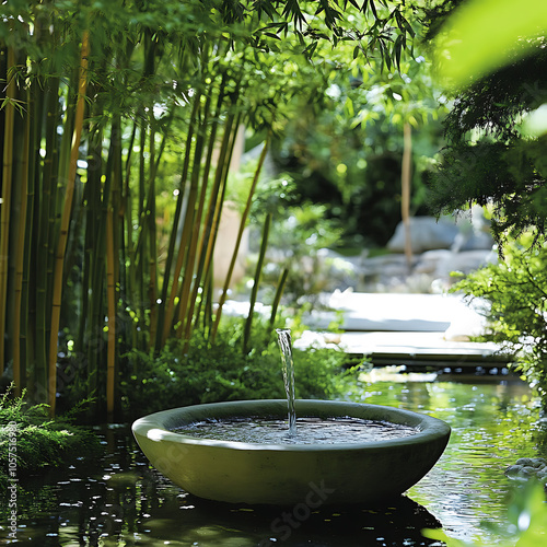 Fontaine en bambou dans un jardin photo