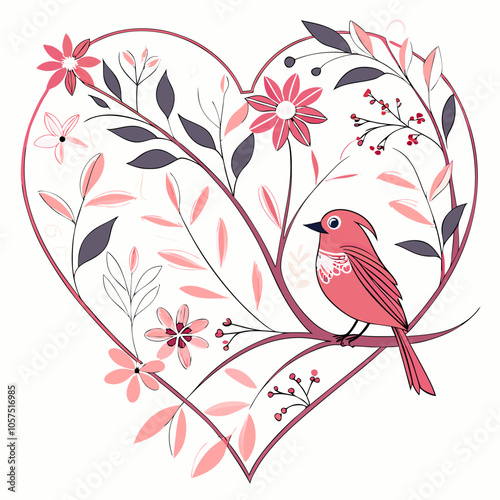 A delicate and charming illustration of a pink bird perched on a branch in a heart-shaped floral frame. This design is perfect for adding a touch of romance, nature, and whimsy to your projects.