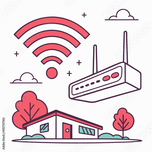A simple illustration depicting a house connected to the internet, with a wifi signal coming from a router above. This is a great graphic for use in websites, presentations.