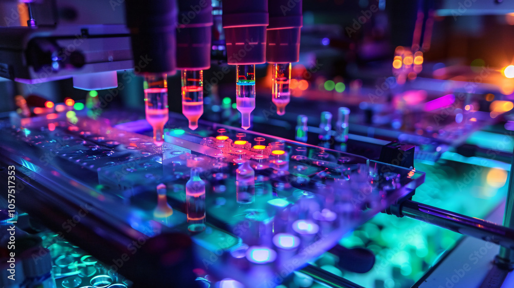 Close-up of an automated pipetting system in a laboratory, dispensing liquids onto a tray under vibrant LED lighting Close-up of an automated pipetting system in a laboratory, dispensing liquids onto a tray under vibrant LED lighting