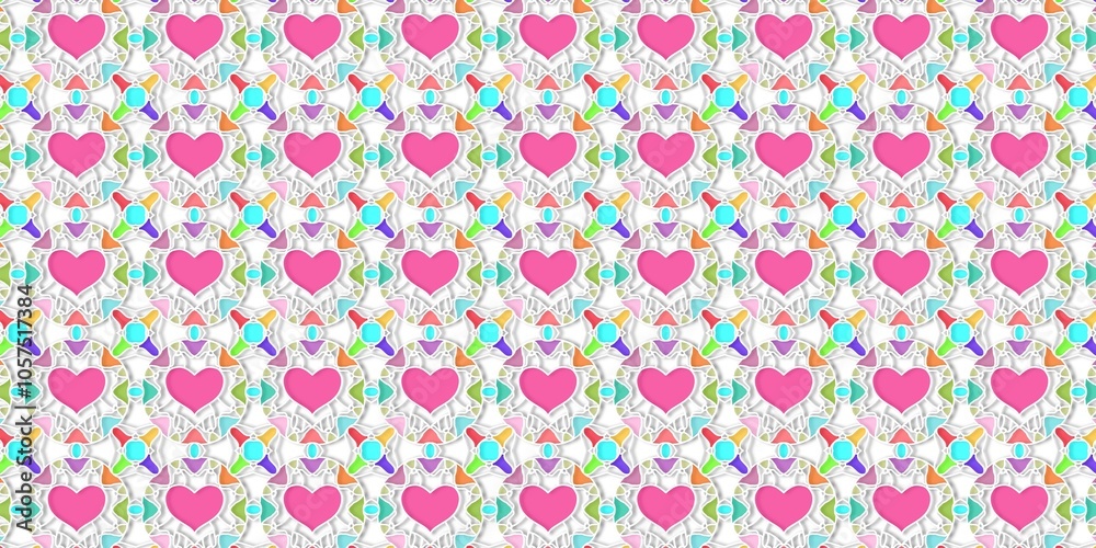 Colorful Heart Pattern with Rainbow Accents and Geometric Design

