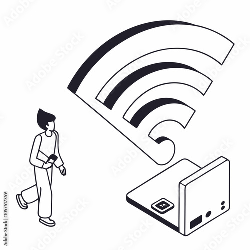 An isometric illustration depicting a person walking towards a laptop emitting a strong Wi-Fi signal. This image symbolizes connectivity, internet access, and the ease of online communication.