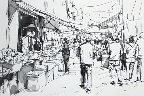 A Black and White Ink Sketch of People at a Market Stall