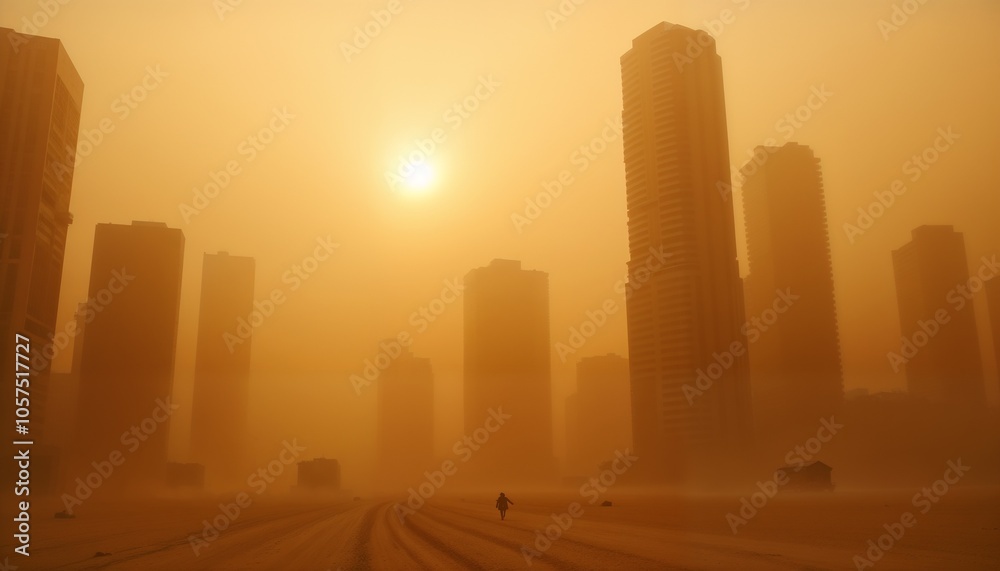 Fototapeta premium Dusty Metropolis Under Harsh Sunlight in Desert Storm