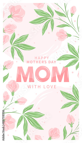 Mother's Day card, banner, poster, label, template or cover with flowers frame in pastel colors. Spring summer floral design. Vector illustration