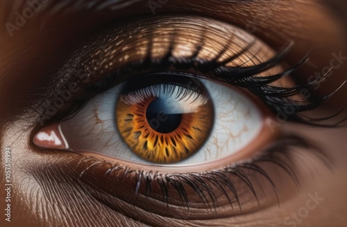 detailed close-up of brown eye with makeup and long eyelashes