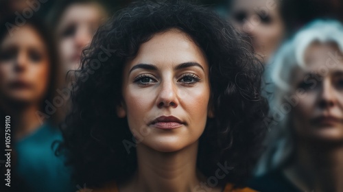 Woman with curly hair is standing in front of a group of people