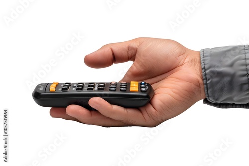 Hand Holding a Remote Control with Various Buttons