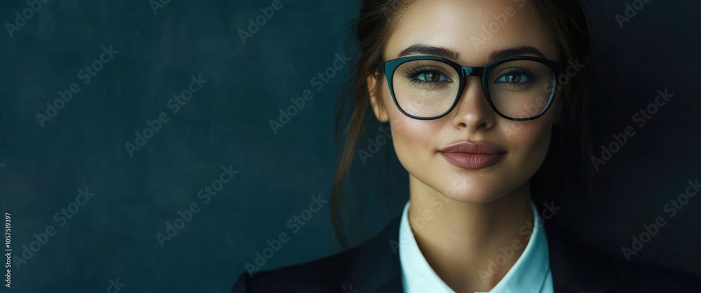 A sophisticated woman with glasses, wearing a suit and gazing thoughtfully, set against a dark background, embodying elegance and intelligence. A sophisticated woman with glasses, wearing a suit and gazing thoughtfully, set against a dark background, embodying elegance and intelligence.