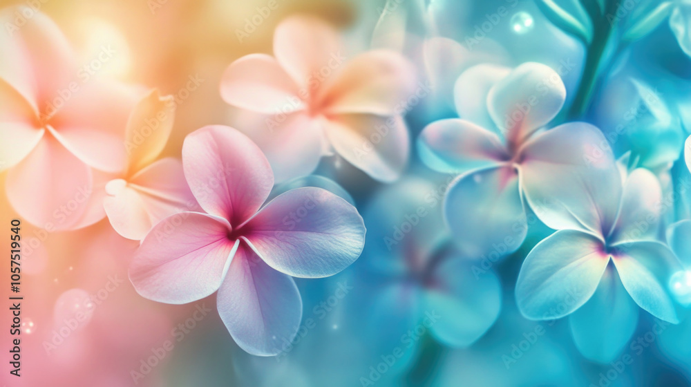 Fototapeta premium A captivating display of plumeria flowers in a blend of pastel shades and dreamy hues, creating a soothing and enchanting aura of natural beauty.