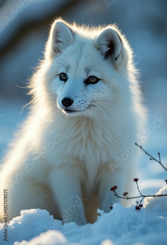 Serene Arctic Fox Portrait in Minimalist Snowy Landscape - Fluffy Fur, Cool Lighting & Pastel Blue and White Color Scheme