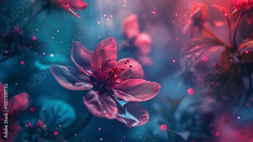 Close-up of pink flower with ethereal glow and water droplets