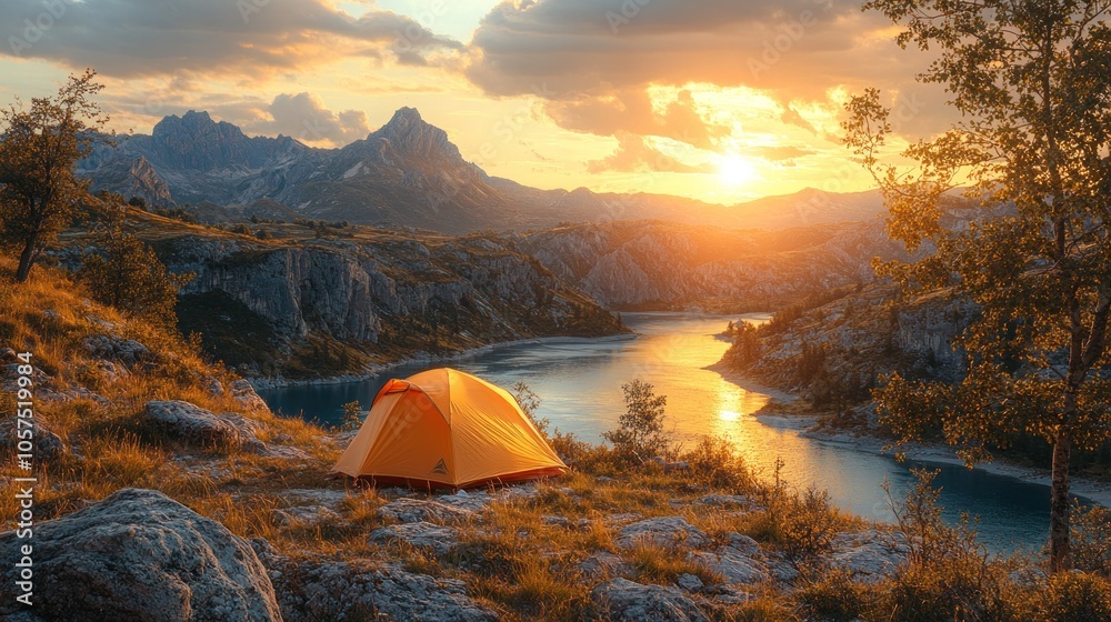 Scenic sunset over a lake with a tent in a mountainous landscape. Scenic sunset over a lake with a tent in a mountainous landscape.