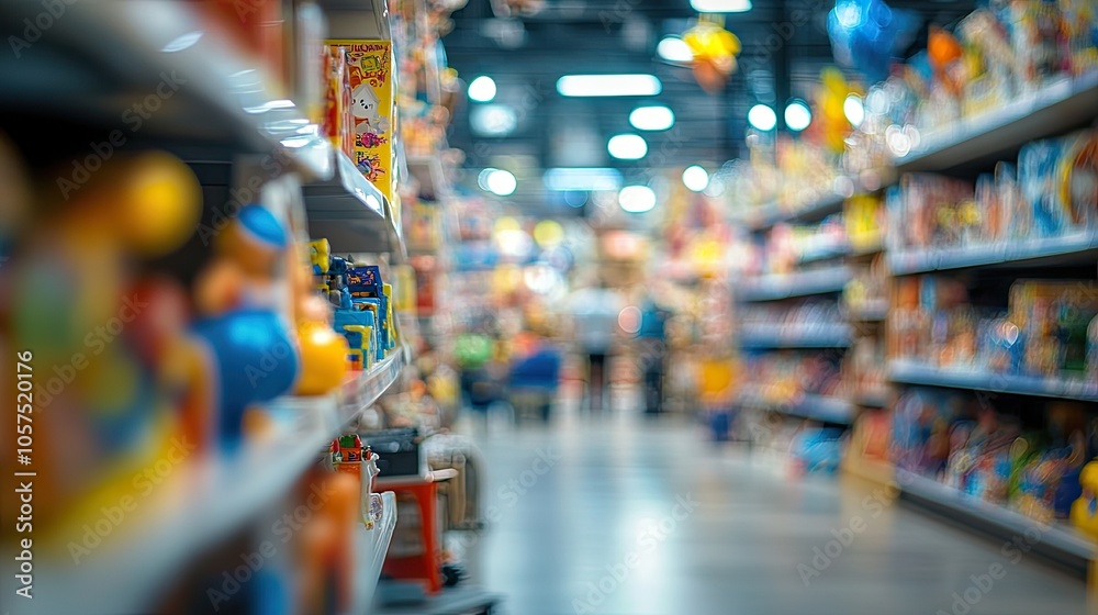 Obraz premium A blurred image of the toy department in a department store, with toys and display shelves softly out of focus, providing a warm and busy shopping environment.