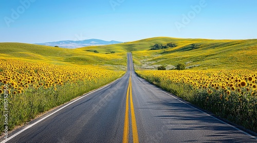 Serene Highway Through Sunflower Fields