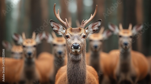 Group of deer with antlers standing in a forest, with a focus on the male deer in the foreground, displaying a natural wildlife setting.