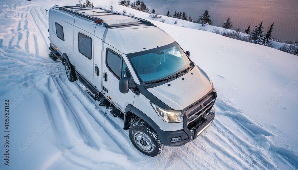Futuristic bag offroad cyber camper van in snow Futuristic bag offroad cyber camper van in snow