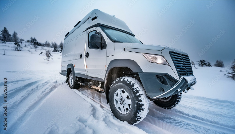 Obraz premium Futuristic bag offroad cyber camper van in snow