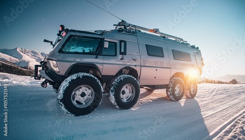 Futuristic bag offroad cyber camper van in snow