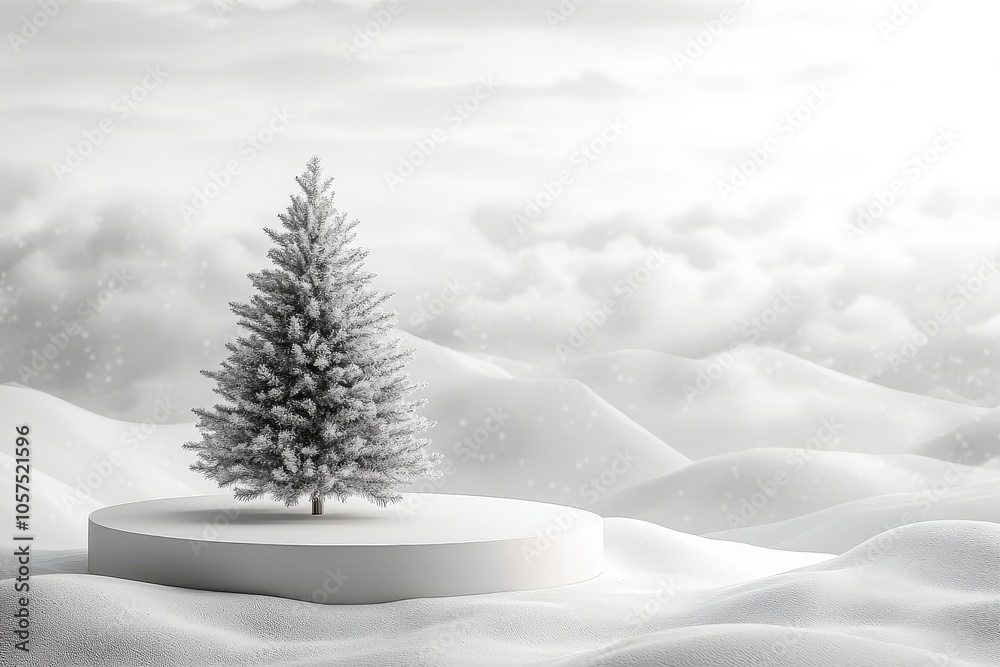 Fototapeta premium Elegant white podium with Christmas tree on a soft cloud background, featuring a round table for product display, creating a minimalist holiday atmosphere.