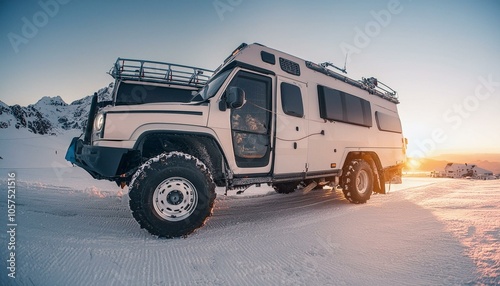 Futuristic bag offroad cyber camper van in snow