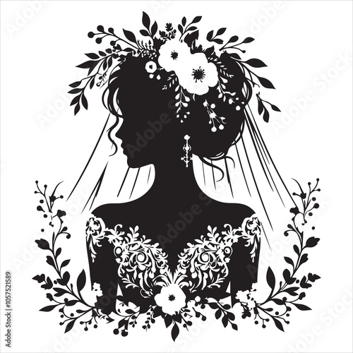 Christian Bride Silhouette Vector, Black on White Background 