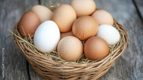Wallpaper Mural Assorted brown and white eggs in a woven basket with hay, on a rustic wooden table for a farm-fresh atmosphere. Torontodigital.ca