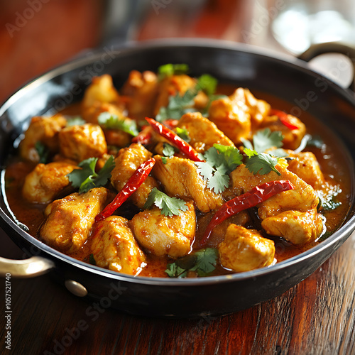 Indian chicken curry in balti dish photo