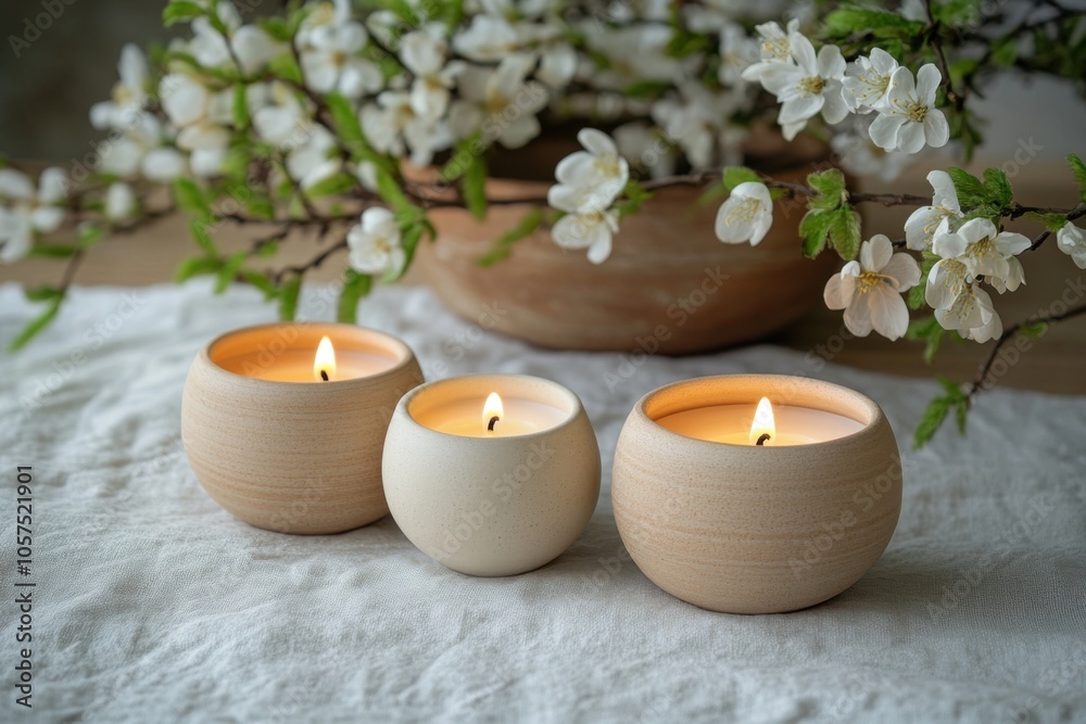 Minimalistic easter candles with blossoming branches for spring decor and celebration ambience Minimalistic easter candles with blossoming branches for spring decor and celebration ambience