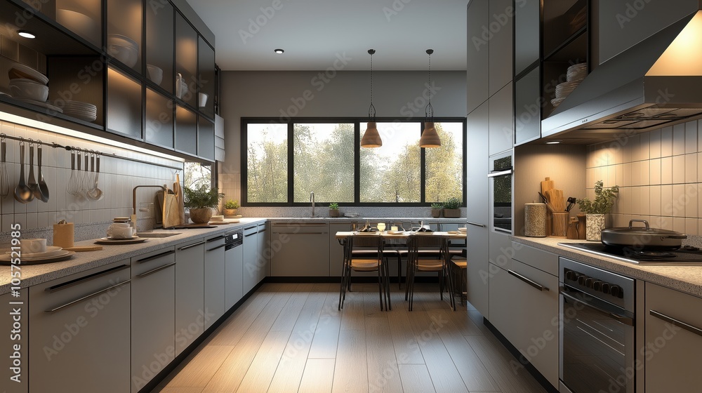 Fototapeta premium Modern kitchen with sleek cabinetry, large windows, and wooden flooring. Features a dining table, overhead lighting, and organized kitchen utensils and appliances.