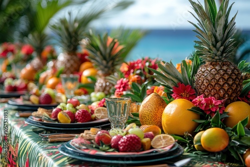 tropical christmas decor, a colorful christmas table set-up with tropical vibes fruity centerpieces, lively tablecloths, and a view of the ocean and palm trees