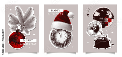 Christmas halftone collage posters set with torn out paper zine stickers. Elements cut out of magazine various shapes, winter holiday clipping paper stickers. Modern retro grunge vector illustration.