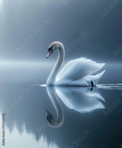 Elegant Swan Portrait: Minimalist Monochrome Photo of Swan Gliding on Tranquil Lake, Soft Morning Light Reflections