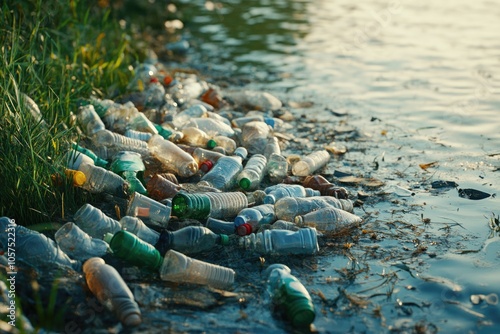 River edge littered with plastic bottles pollution concerns.