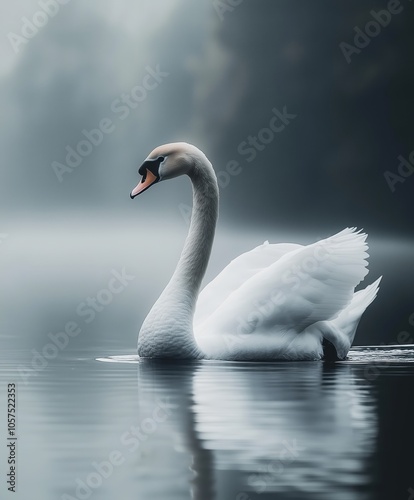 Elegant Swan Portrait: Minimalist Monochrome Photo of Swan Gliding on Tranquil Lake, Soft Morning Light Reflections photo