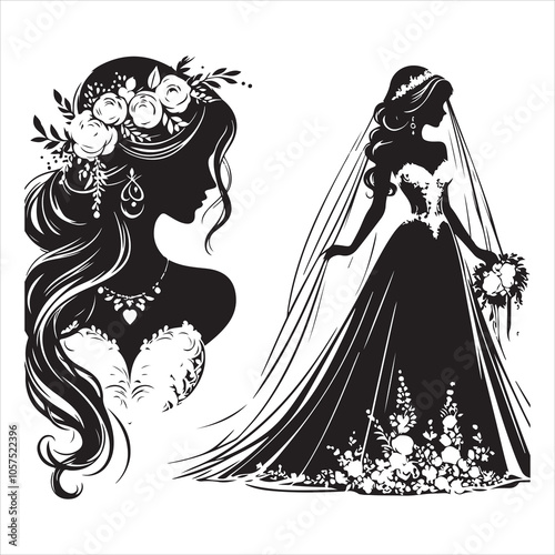 Christian Bride Silhouette Vector, Black on White Background 