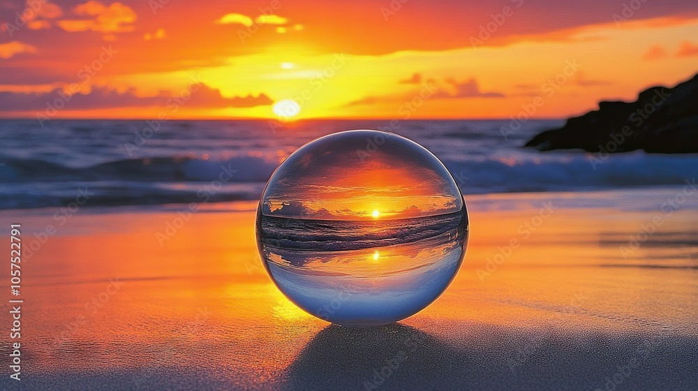 Beach scene through a crystal ball at sunset, capturing orange and pink skies reflected in the glass, with gentle waves behind Beach scene through a crystal ball at sunset, capturing orange and pink skies reflected in the glass, with gentle waves behind