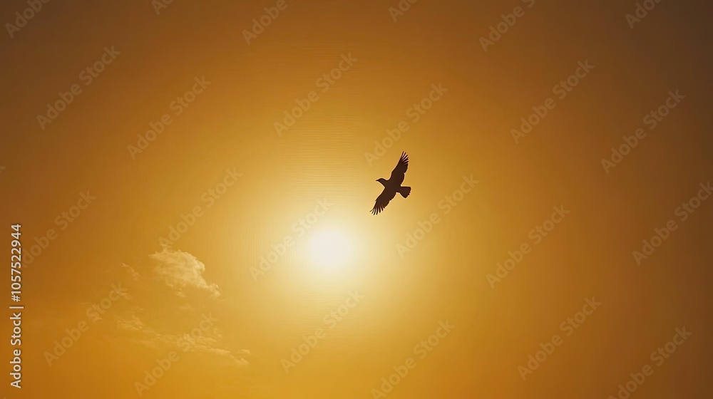 Bird silhouette flying against a golden-orange sunset, with the sun dipping below the horizon, casting a calming glow across the sky. Bird silhouette flying against a golden-orange sunset, with the sun dipping below the horizon, casting a calming glow across the sky.