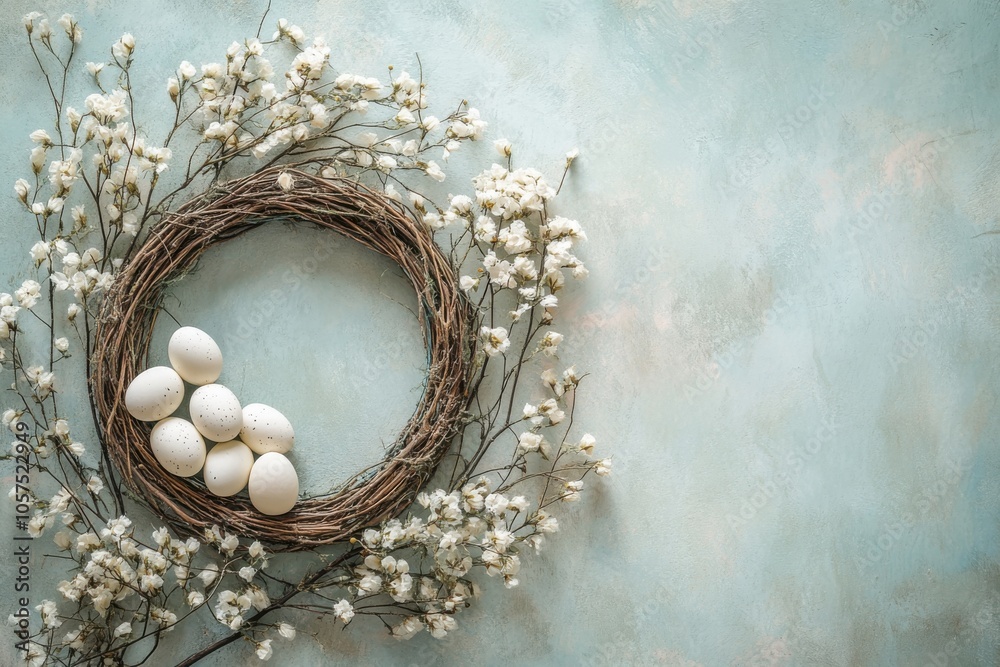 Minimalistic easter wreath with eggs and blossoms on pastel background for spring decor Minimalistic easter wreath with eggs and blossoms on pastel background for spring decor