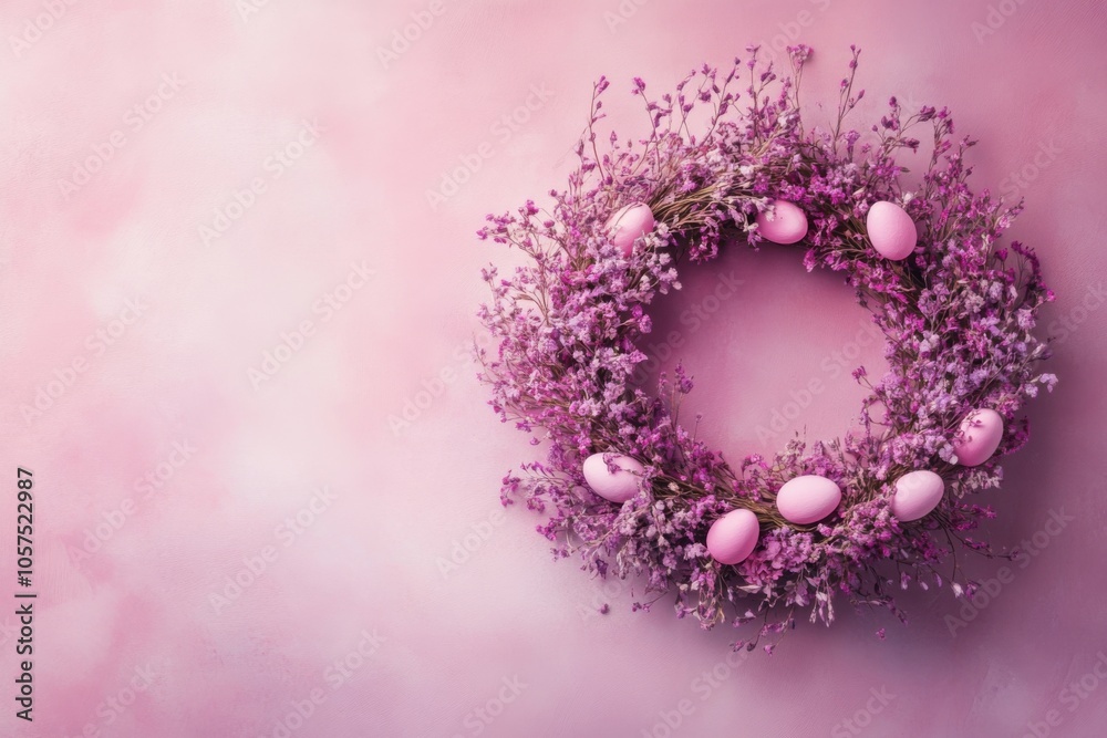 Minimalistic easter wreath with pink eggs on pastel background for festive decor Minimalistic easter wreath with pink eggs on pastel background for festive decor