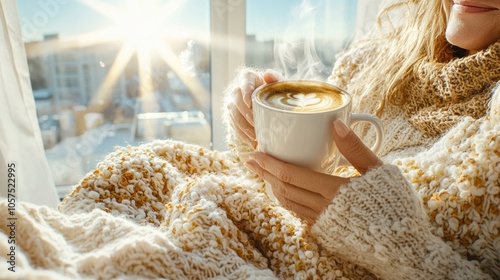 Cozy winter morning: woman enjoys a warm cappuccino by the window.