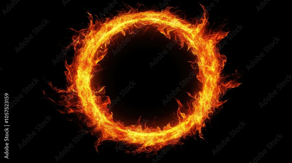 Blazing ring of fire with intense, twisting flames, casting an orange glow, capturing the heat and energy in a dark setting.
