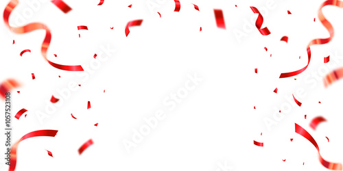 Falling shiny red confetti isolated on a white background. Bright festive tinsel of red color. Anniversary or birthday design template.