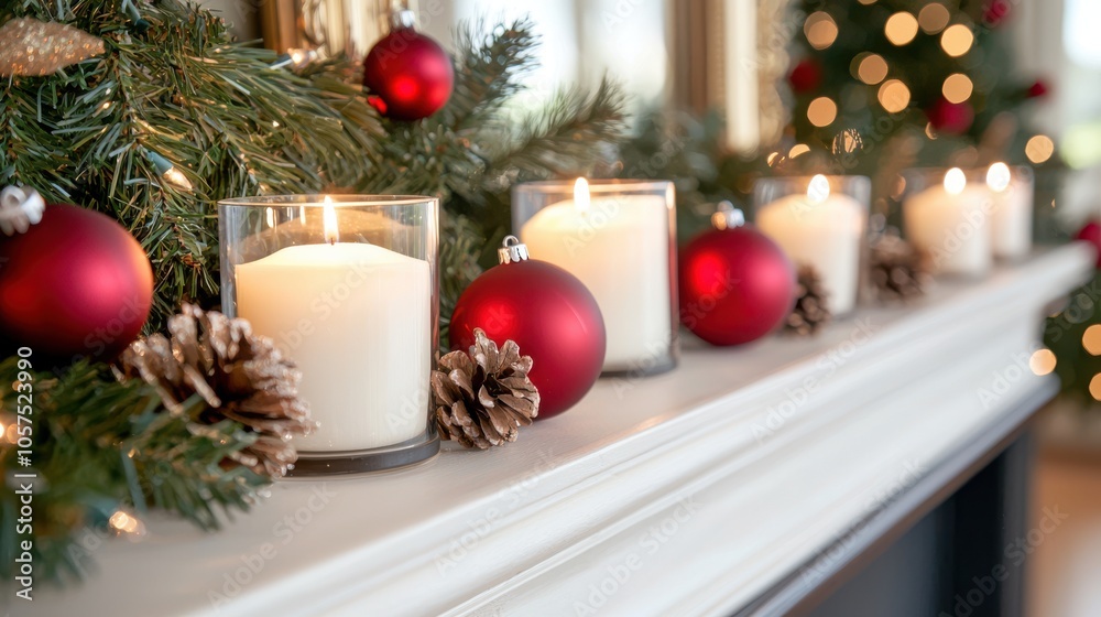 Cozy Christmas Fireplace Decor with Candles and Ornaments Cozy Christmas Fireplace Decor with Candles and Ornaments