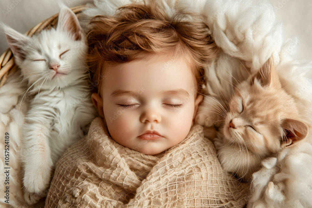 Baby and Cats. AI generated image. A digital illustration of an adorable baby wrapped in a beige blanket and wearing a beige smock surrounded by mist-colored cats. Baby and Cats. AI generated image. A digital illustration of an adorable baby wrapped in a beige blanket and wearing a beige smock surrounded by mist-colored cats.