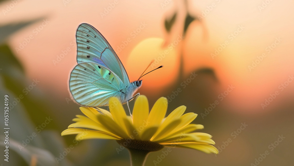 Close-up macro of a beautiful butterfly on a daisy flower in nature, outdoors in warm yellow tones, with a sunset backdrop. Panoramic nature banner,,