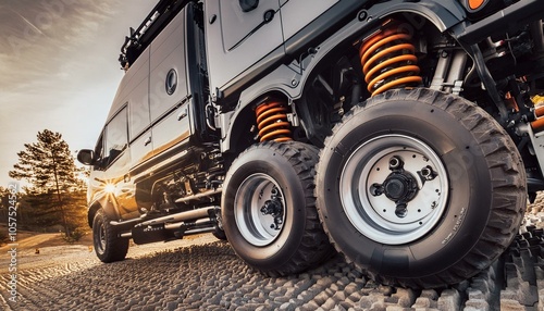 Futuristic offroad camper van on rocks in the woods