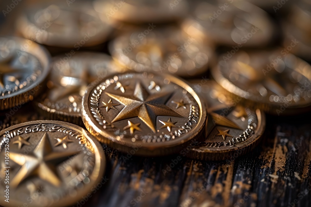 A Glimmering Collection of Decorative Gold Coins on a Rustic Wooden Surface A Glimmering Collection of Decorative Gold Coins on a Rustic Wooden Surface