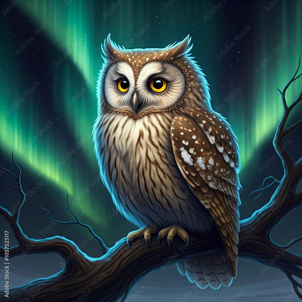 An owl perched on a branch, with the aurora illuminating its feathers, aurora, owl, bird, animal, nature, wildlife, cartoon, wild, eyes, brown, cute, illustration, beak, vector, night, isolated, preda
