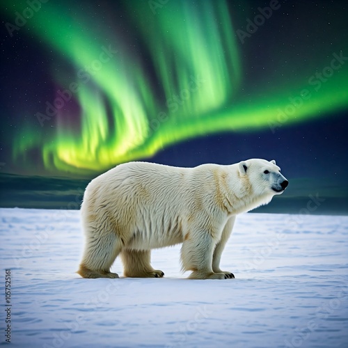 Polar Bear and Aurora: A polar bear standing on a snowy landscape, with the aurora in the background. photo